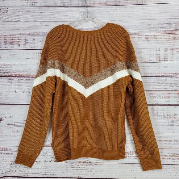 Nine West Women's Brown White Cable Knit Sweater Size L Chevron Colorblock NWT - Picture 4 of 14
